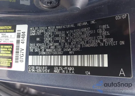 2007 Toyota Sienna Xle Limited из США, поврежденный, VIN 5TDBK22C77S003667